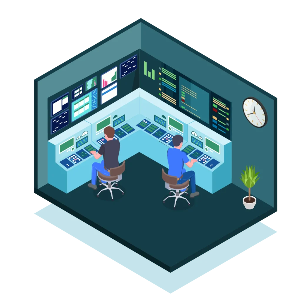 Example of a control room with lots of screens, controls and information